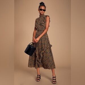 Lulus Evalina Floral Mustard Yellow & Purple Midi Dress